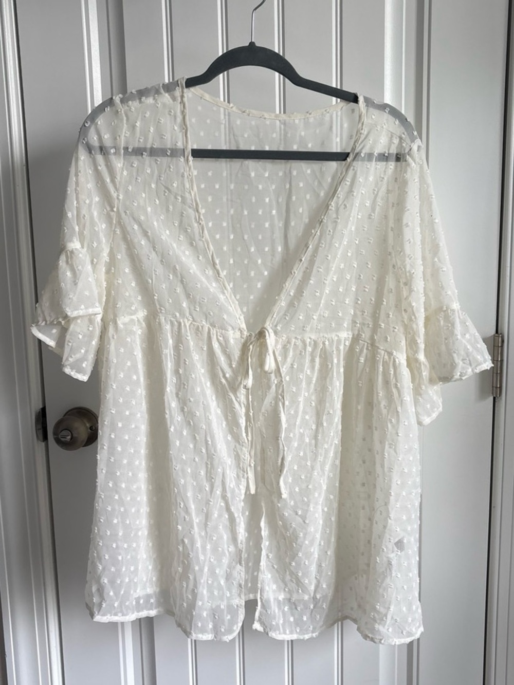 SHEIN Cream Swiss Dot Tie-Front Peasant Tunic